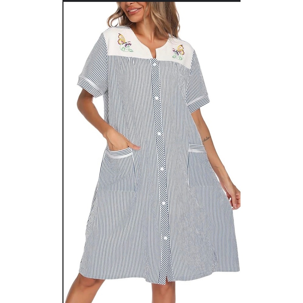 Yozly Blue‎ Stripe Butterfly Embroidered Button Front Short Sleeve Robe L